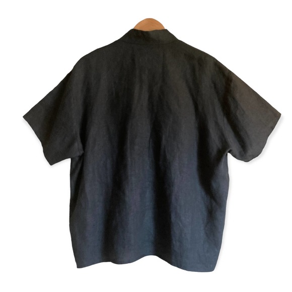 Flax Button Down Straight Hem Short Sleeve Collared Linen Shirt Black Small - Picture 3 of 4